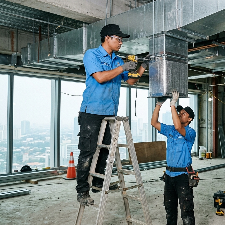 tim teknisi nusa service ac sedang memasang ducting ac di jakarta