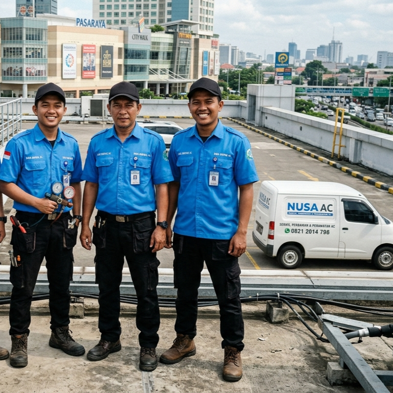 tim teknisi nusa service ac berfoto bersama di atas gedung AC