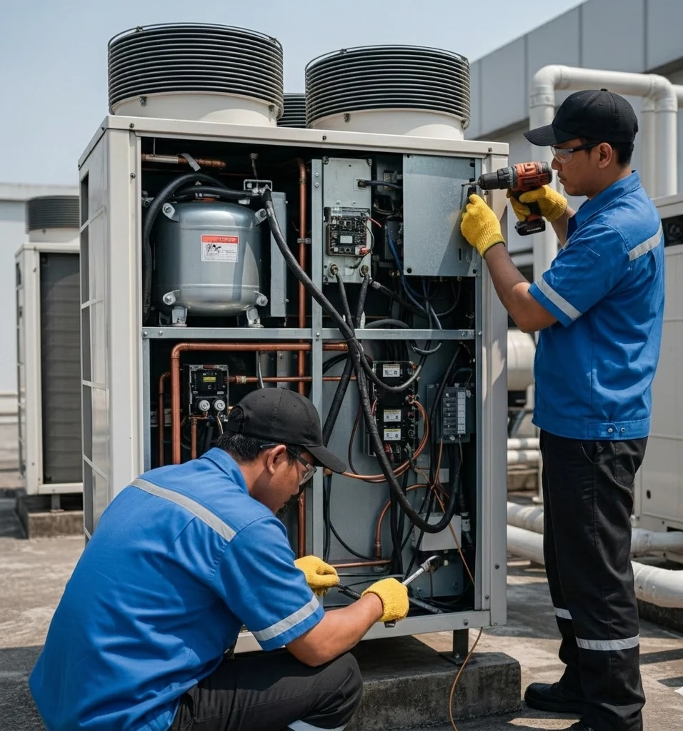 Teknisi nusa service ac memperbaiki ac VRF/VRF di atas rooftop depok