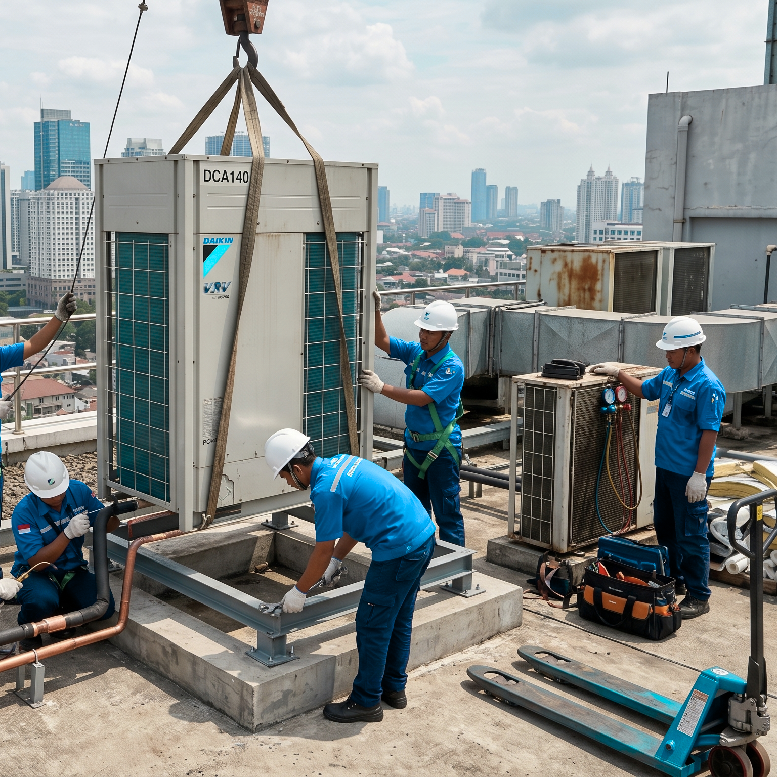 Teknisi nusa service ac memasang ac VRFVRF di atas rooftop depok