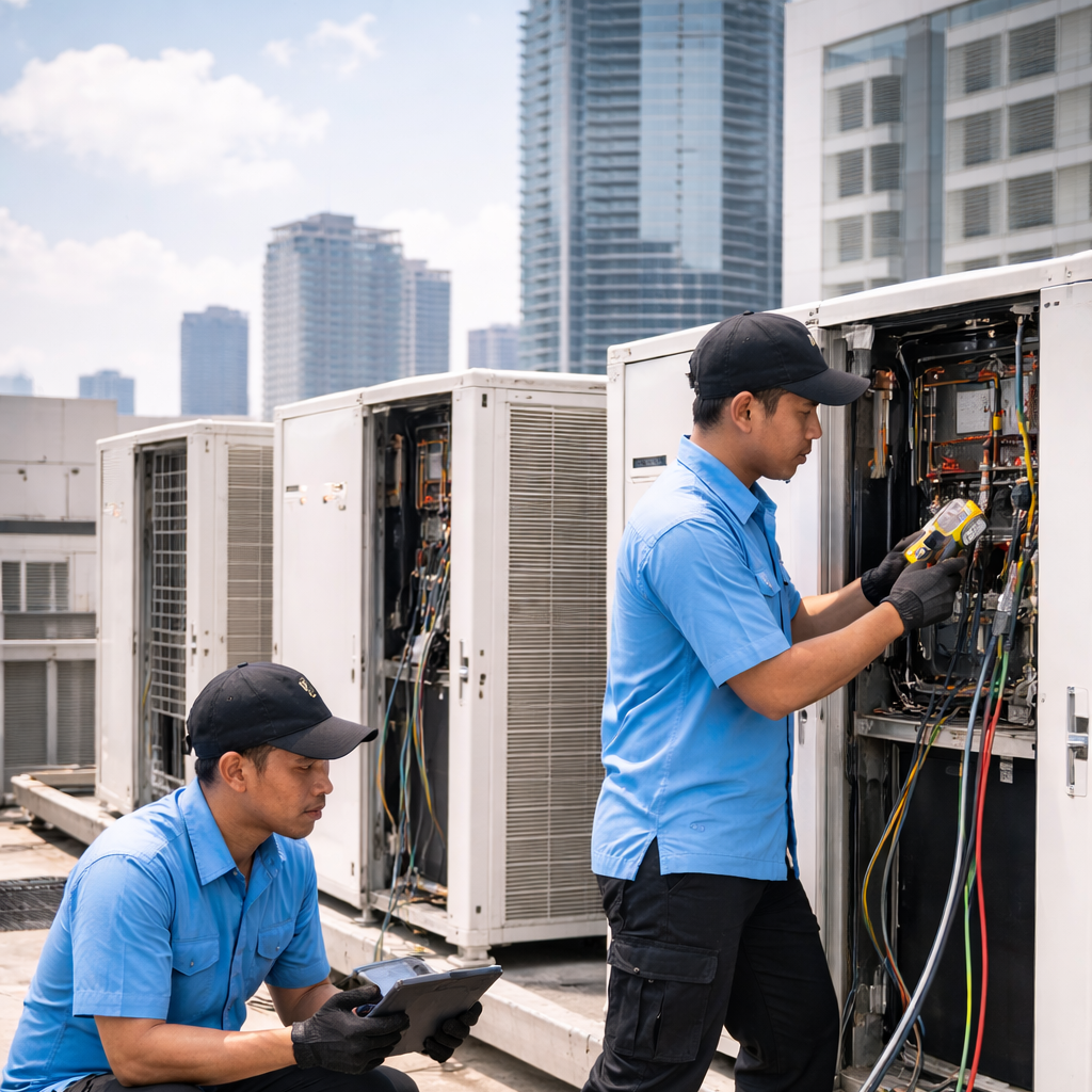 2 orang teknisi Nusa Service AC sedang memperbaiki AC VRV/VRF di atas gedung dengan peralatan lengkap, layanan servis AC VRF VRV profesional, maintenance HVAC gedung, teknisi AC berpengalaman dan terpercaya