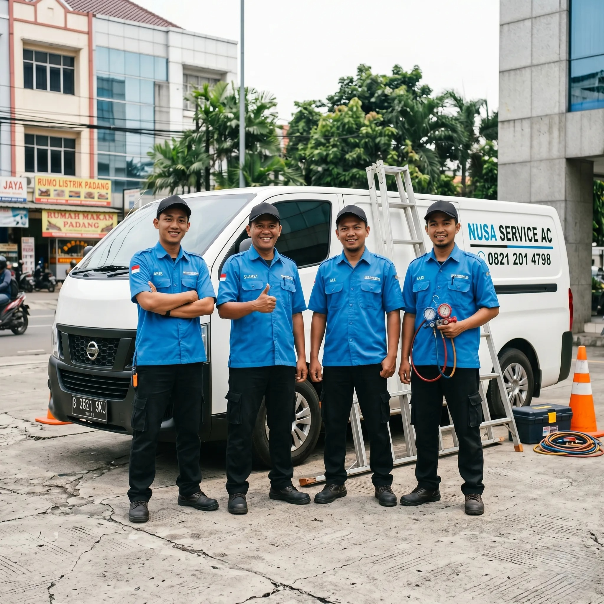 4 orang teknisi Nusa Service AC sedang foto bersama di belakang fan AC outdoor