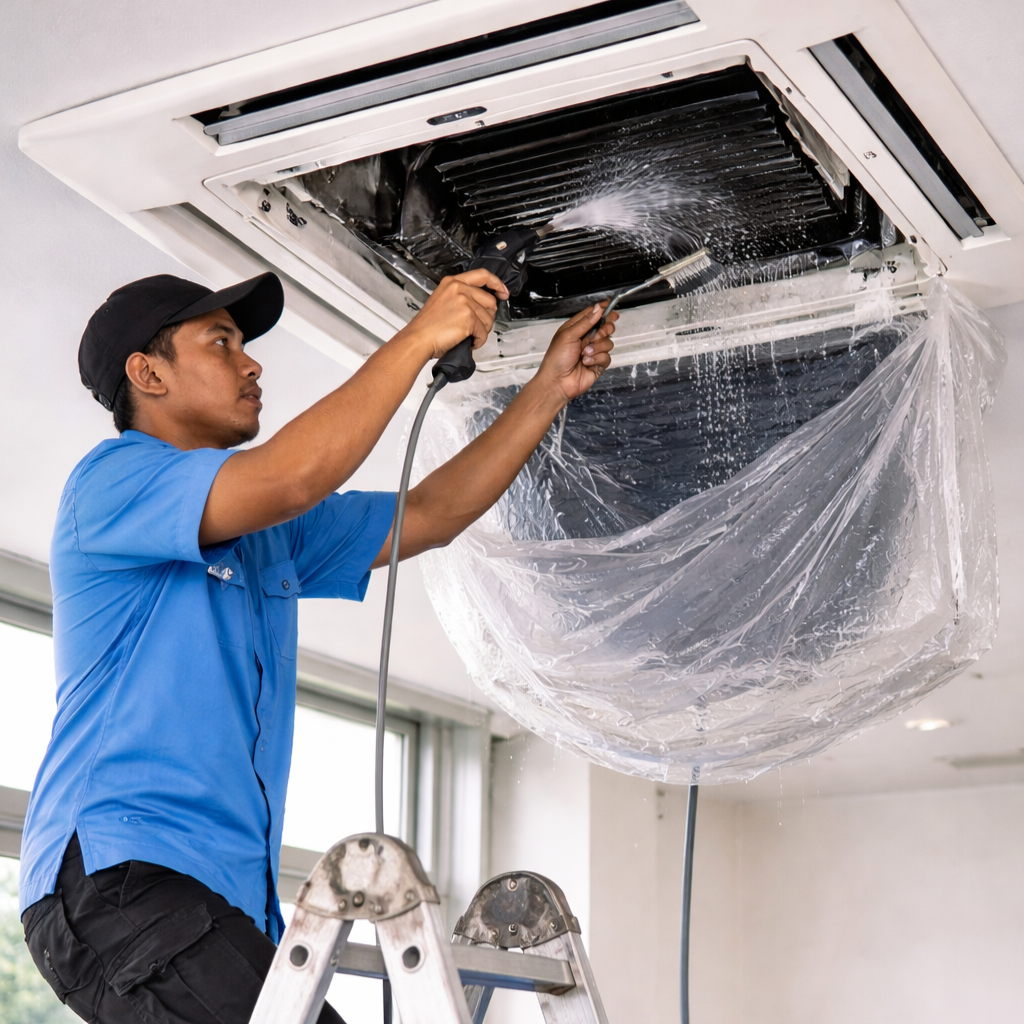 Tim Nusa Service AC sedang mencuci AC di area Jakarta
