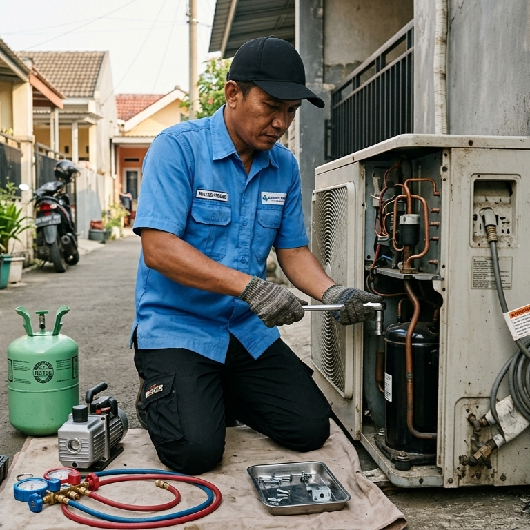 Proses pembongkaran kompresor AC di Bogor oleh Nusa Service AC